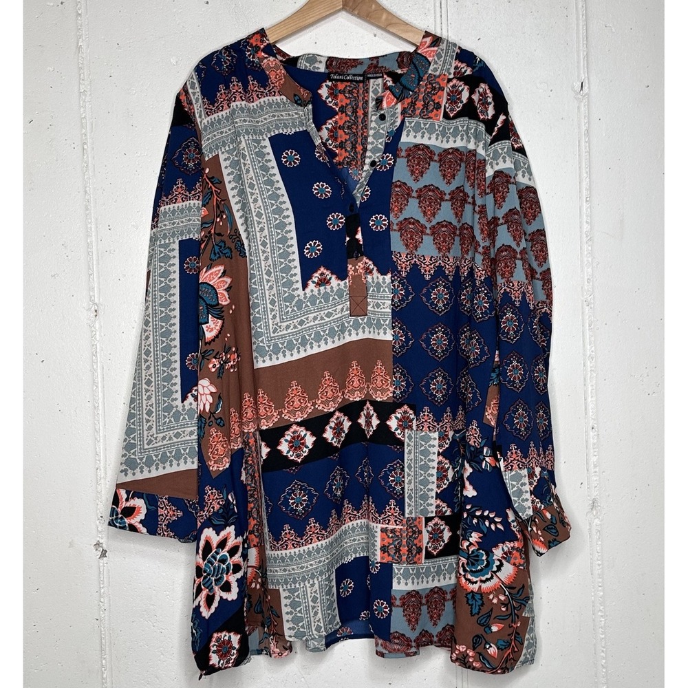 Tolani Collection Top Womens 3X Blue Brown Patchwork Long Sleeve Pockets Boho
